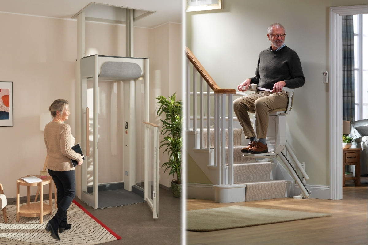 Domácí výtah vlevo a schodišťová plošina vpravo, oba používané staršími dospělými v domácím prostředí.